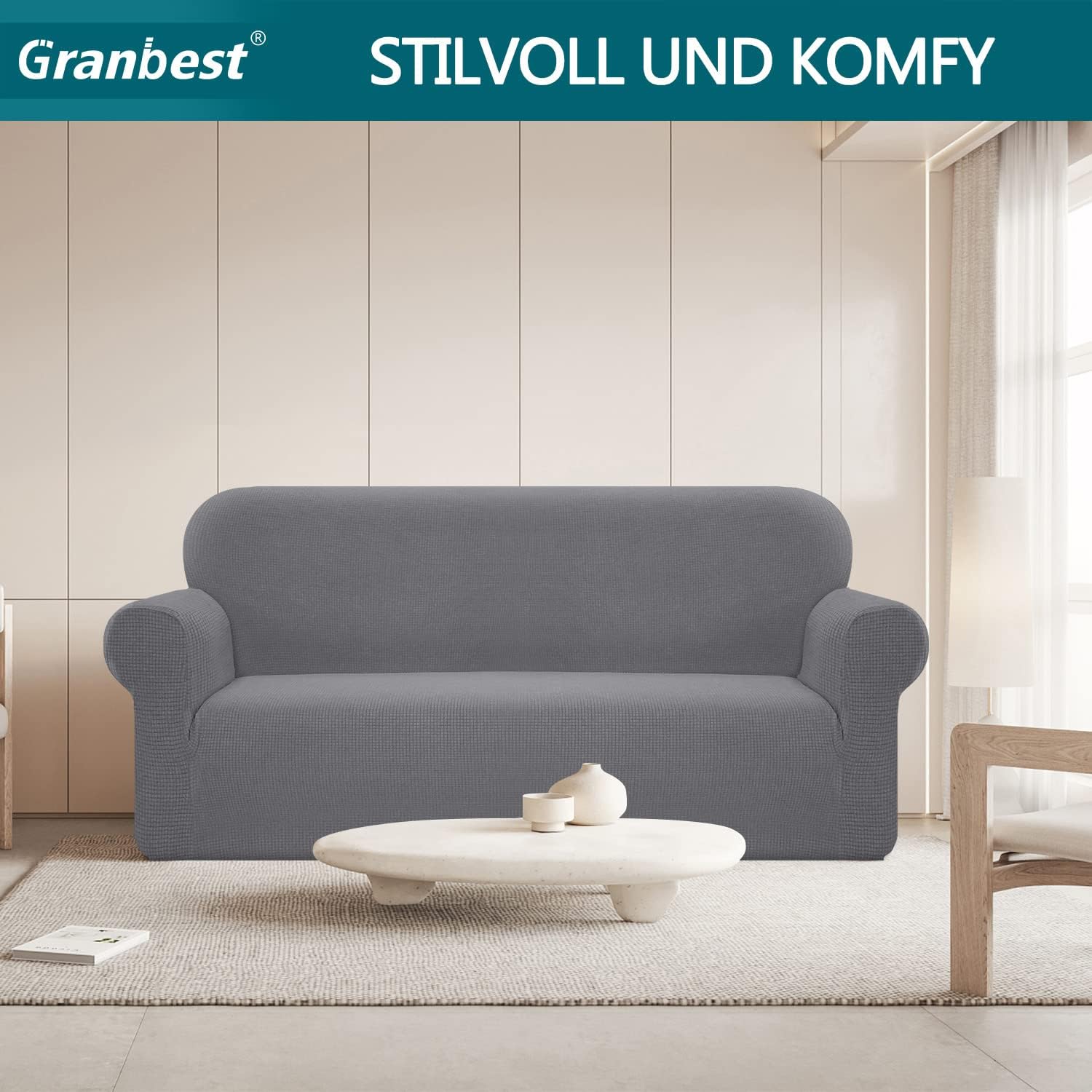 Detalle 2 de Granbest copridivano elasticizzato impermeabile in spandex jacquard (1 pezzo) con gommapiuma antiscivolo, 3 posti grigio chiaro