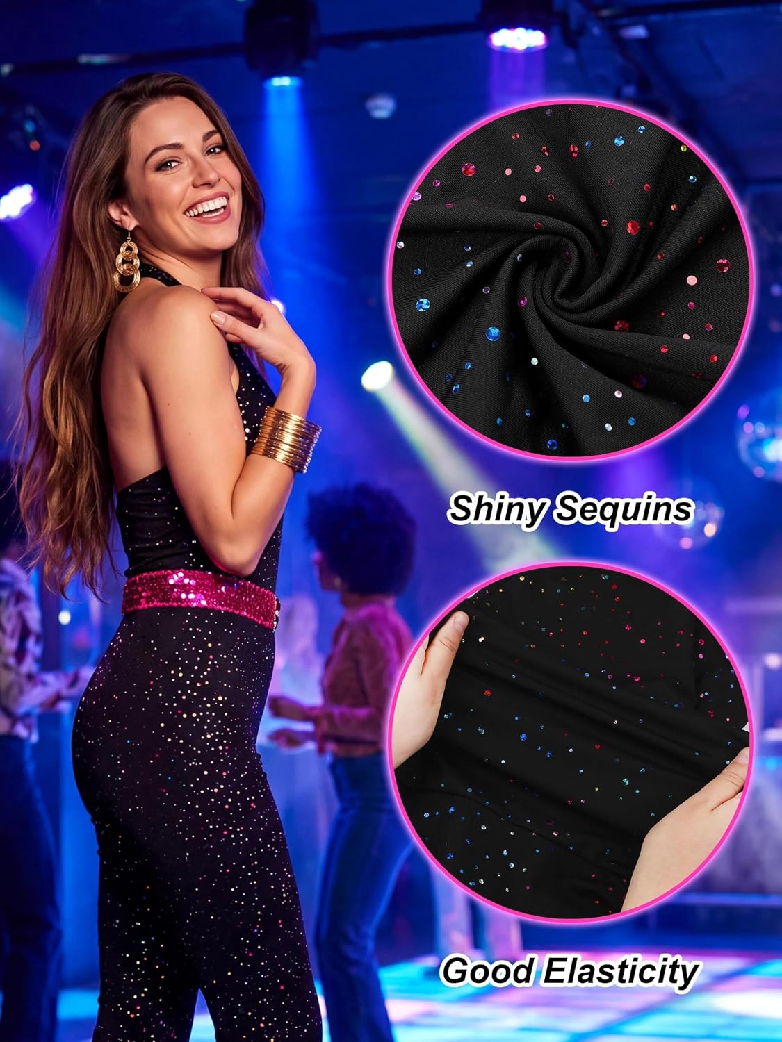 Detalle 2 de SOMSOC 70s Disco Jumpsuit Costume Set with Sequin Flared Legs and Accessories