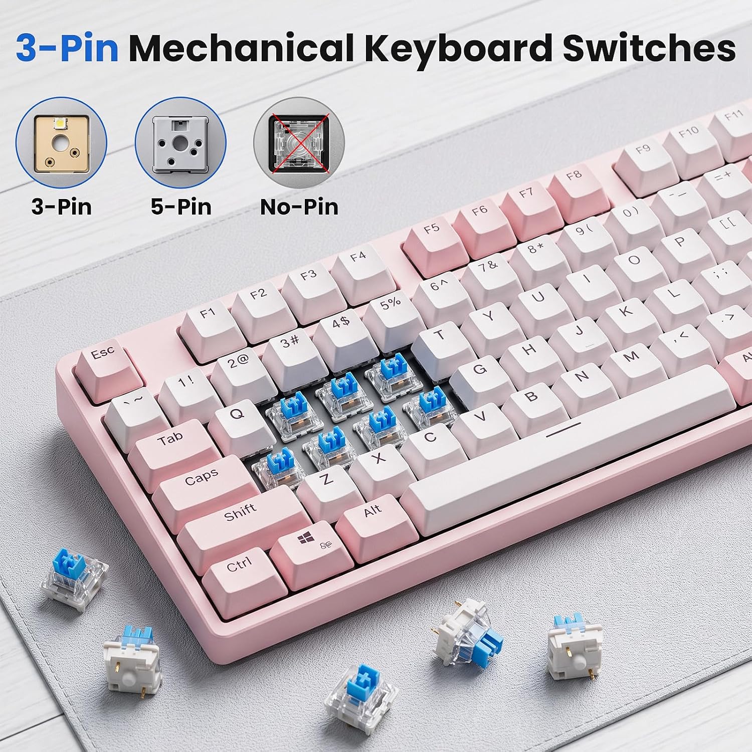 Detalle de Smaxthsen 3Dプリント用キーボードクリッカー 50個セット、青軸・3ピン仕様、キーリング10個付き