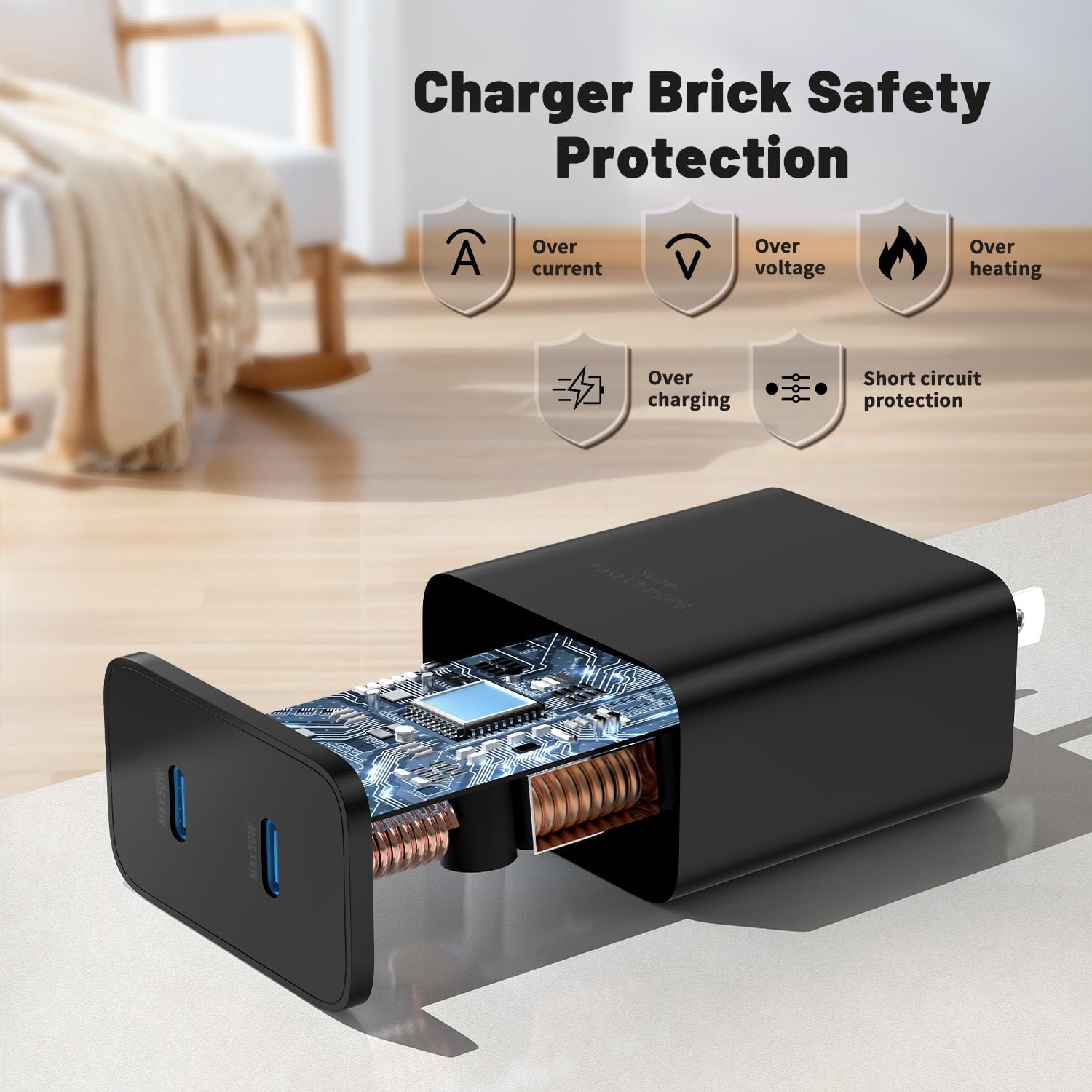 Detalle de 45W Dual Port Super Fast Charger with Long USB C to C Cable (10ft) — Type C Wall Charger Block for Samsung Galaxy Phones