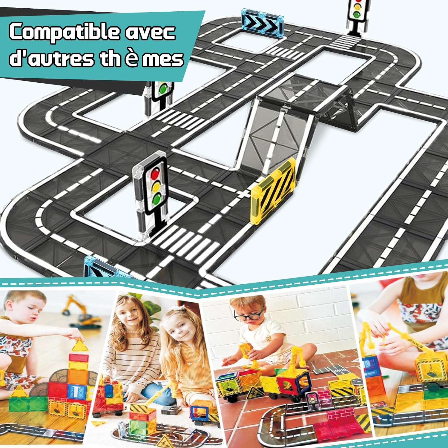 Detalle de BuzzoXerex Construction magnétique Routes – 50 pièces de tuiles magnétiques pour créer des parcours routiers