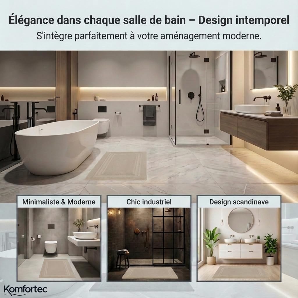 Thumbnail 4 de Komfortec Lot de 2 Tapis de Bain en coton absorbant 600 g/m² — Beige 50 x 70 cm