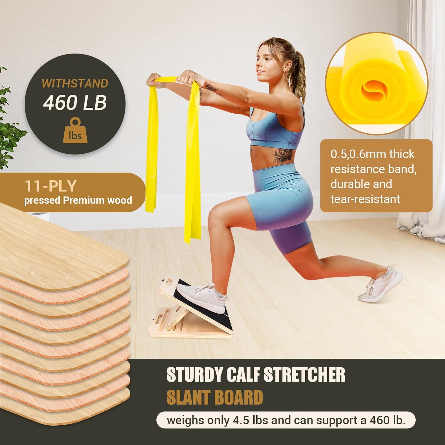 Detalle de ODCPN slant-001 Wooden Calf Stretch Board, 5 Angles and Resistance Bands
