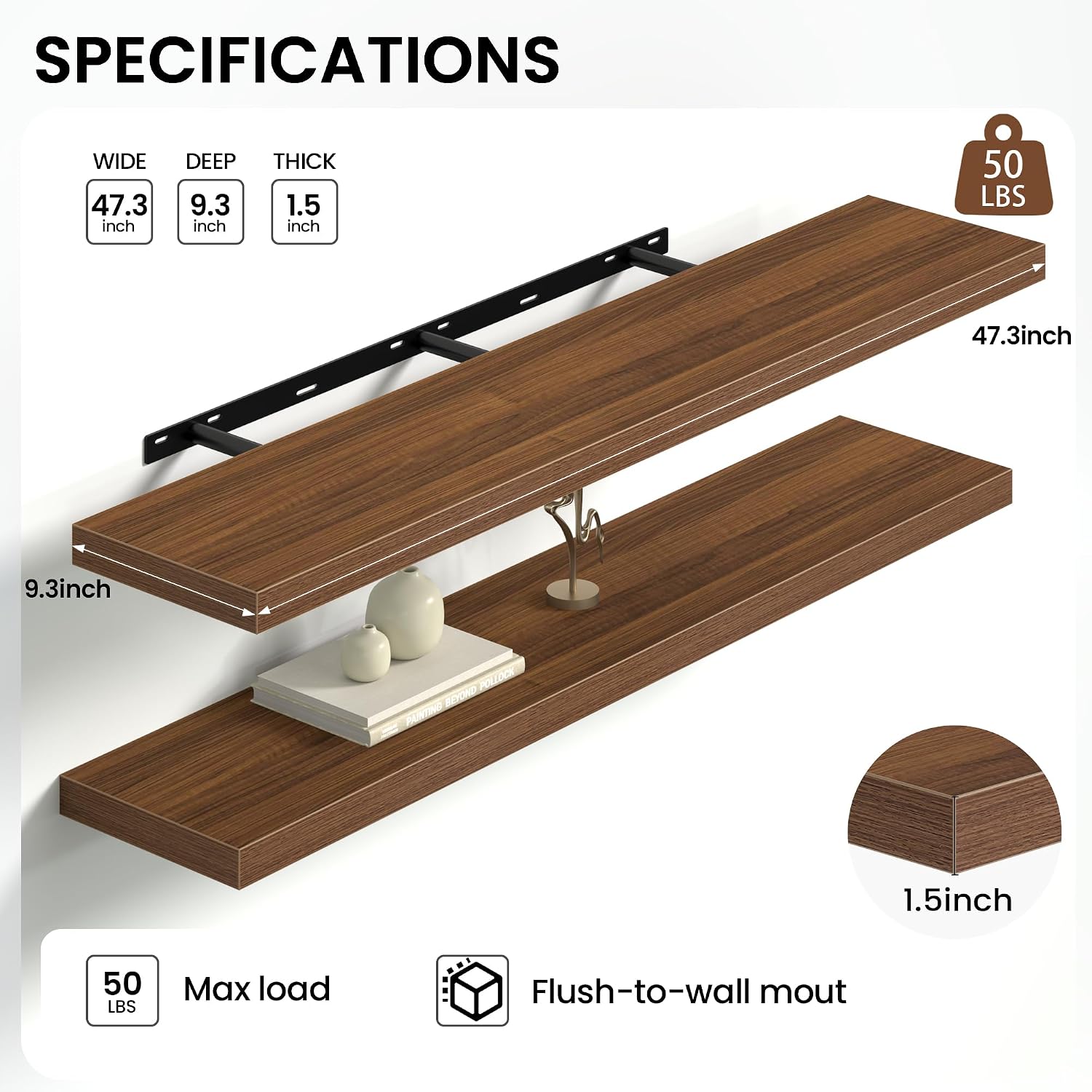 Detalle de Heimlove Floating Shelves for Wall, 48-Inch Walnut Shelf, 9.3-Inch Deep