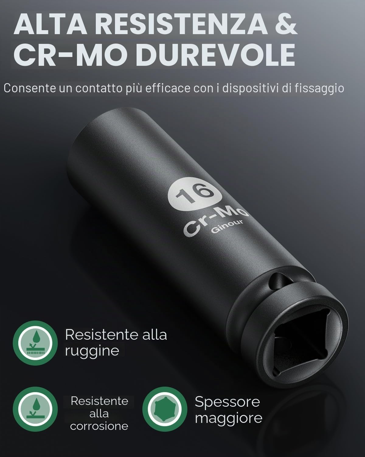 Detalle 2 de Ginour Set Chiavi a Bussola a Impatto 1/2" Cr-Mo – 17 pezzi, 6 punti, con valigetta e prolunghe