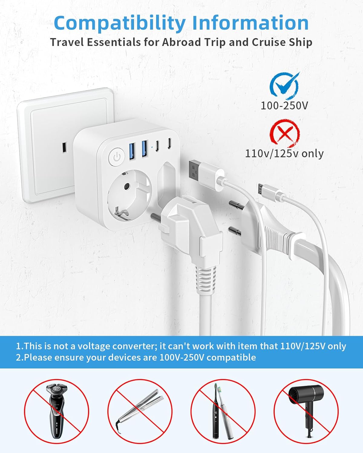 Detalle 2 de Deutschland-Nach-Japan Adapter mit 4 USB-Anschlüssen (2 Typ-C) – 2-Fach Reiseadapter, Schuko auf Typ A