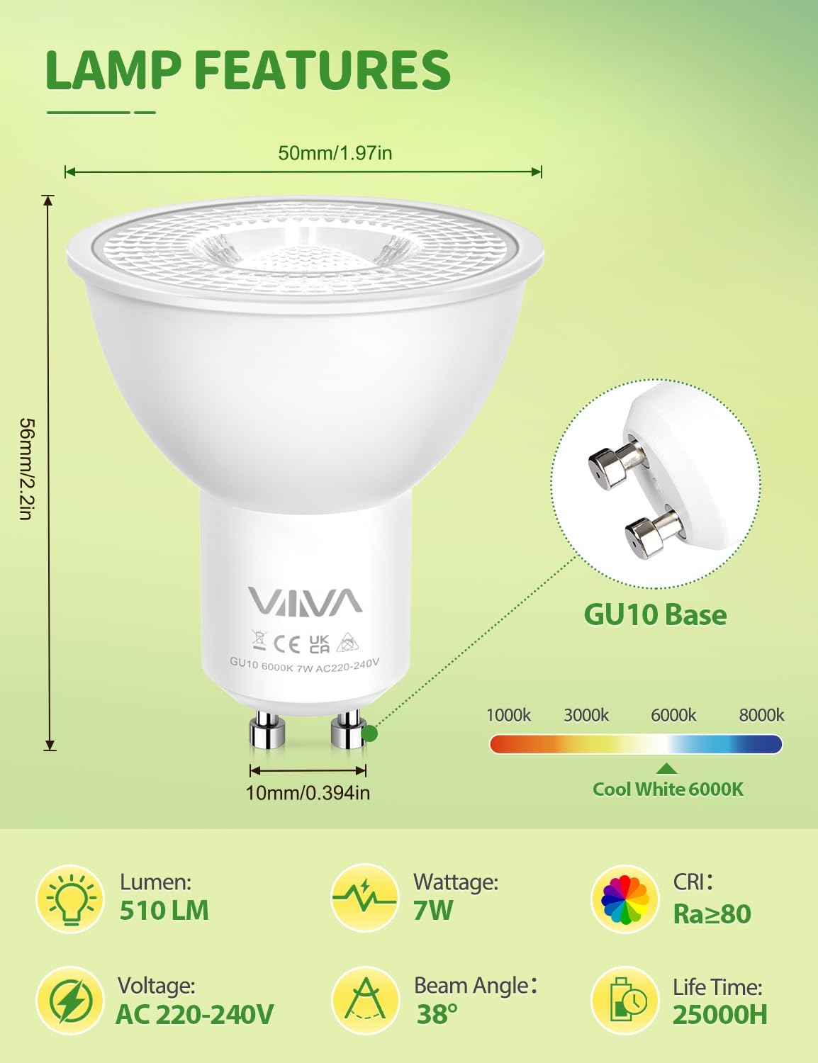 Thumbnail 1 de VIIIVA GU10 LED Bulbs Cool White 7W (12 Pack) – 6000K, 38° beam, non-dimmable