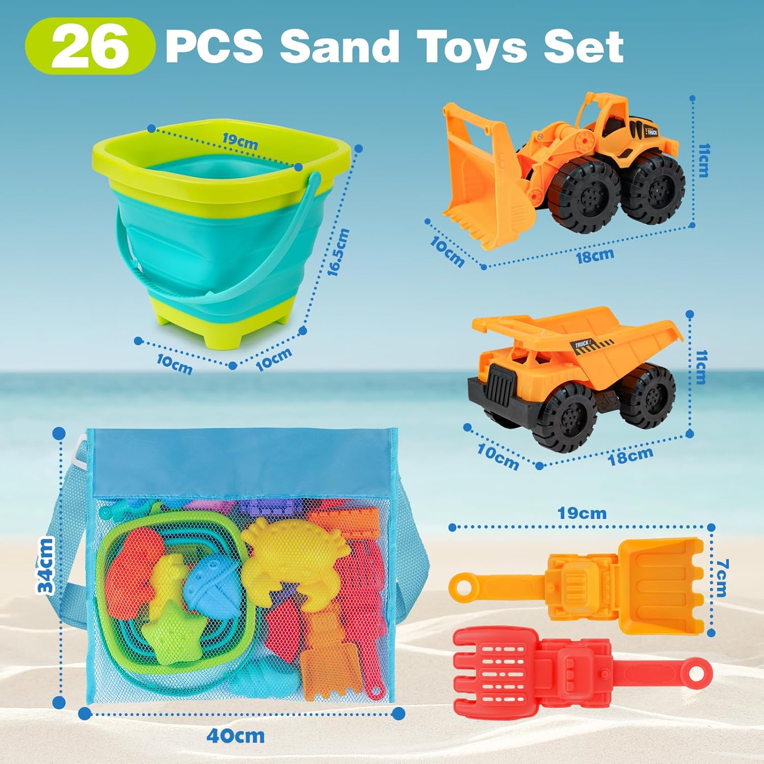 Thumbnail 4 de YIMORE Sandspielzeug Set für Kinder – 26-tlg. Strand- & Sandkasten-Spielzeug mit faltbarem Eimer