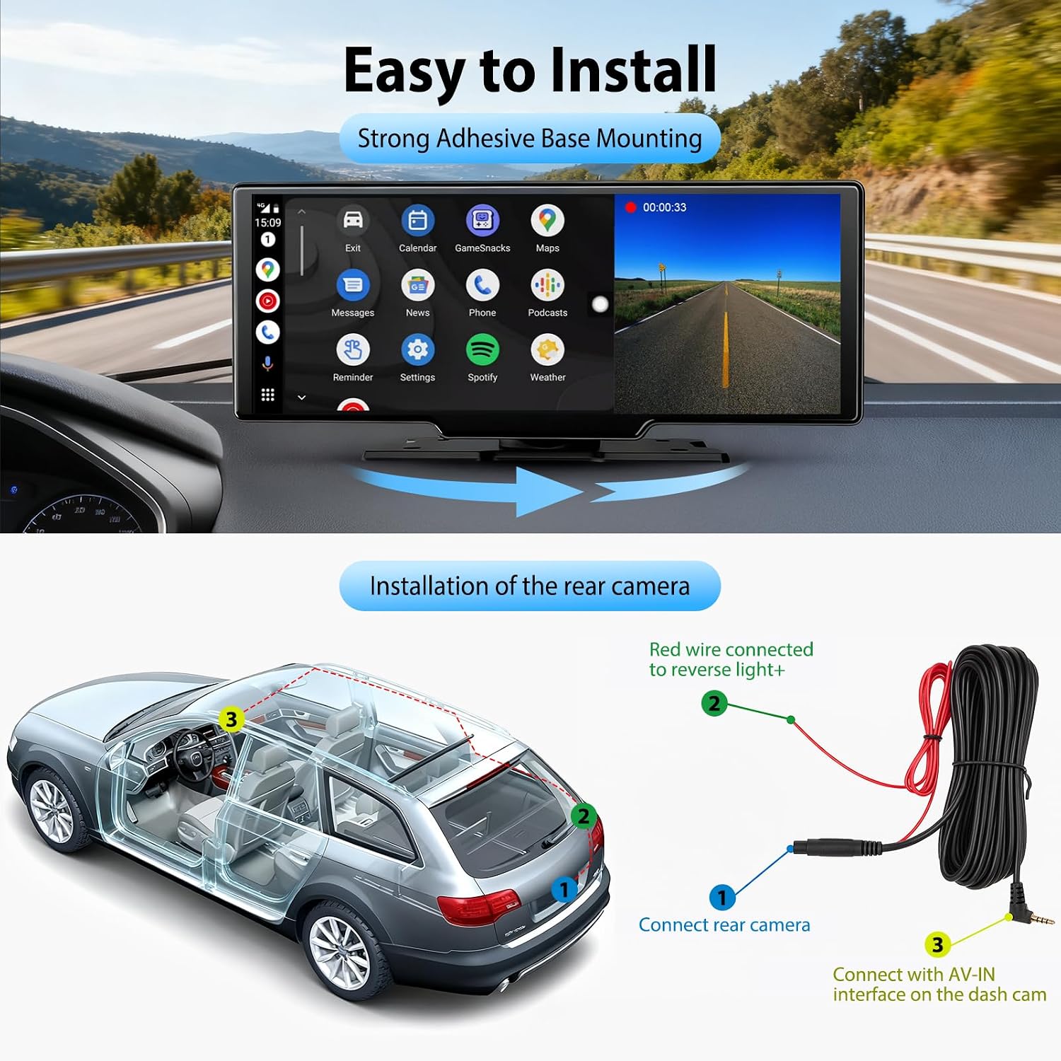 Detalle 2 de ELECROW 10.26” Wireless Portable CarPlay Screen with 4K Front & HD Rear Dual Dash Cam