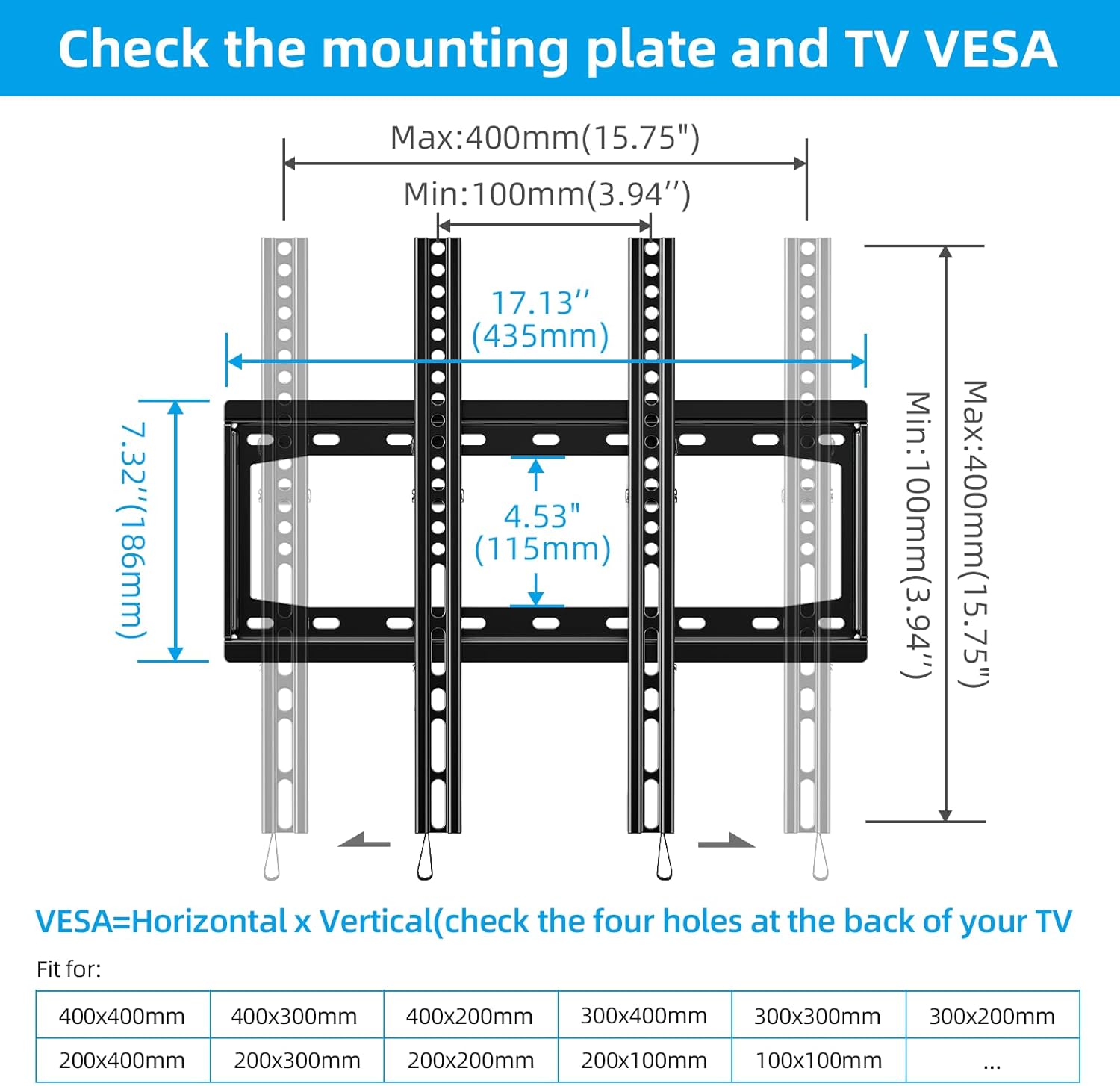 Detalle de HOME VISION HV9401 Tilt TV Wall Mount for 26-65 Inch TVs (VESA 100x100 to 400x400, 99 lbs)