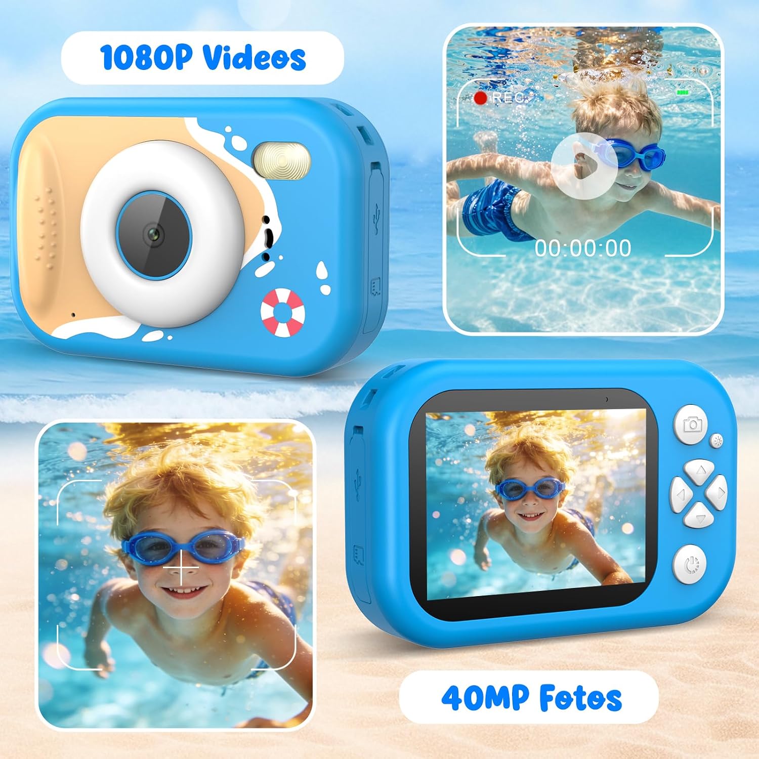 Detalle de Unterwasserkamera Kinder – 10 m wasserdicht, 2,4" Bildschirm, 32 GB Karte, Notfall-LED-Blitz