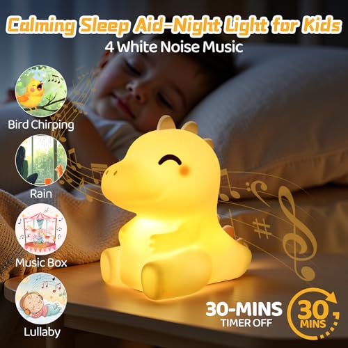 Detalle de Mewaii Luce Notturna Dino: lampada notturna in silicone per bambini con suoni rilassanti e luminosità regolabile