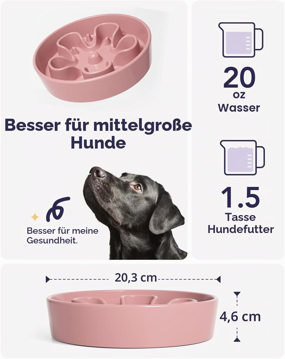Detalle de LE TAUCI Keramik-Hundenapf – langsames Fressen, rutschfest, Bloom Rosa, 675 ml