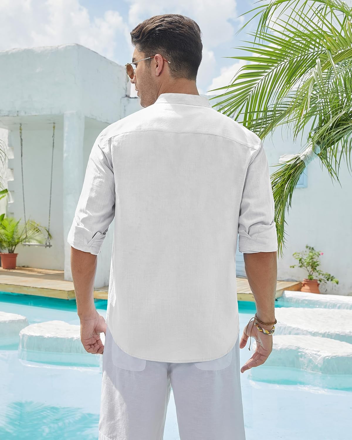 Detalle 2 de Siliteelon Leinenhemd Herren Langarm mit Stehkragen – Casual Regular Fit, Sommerfreundlich