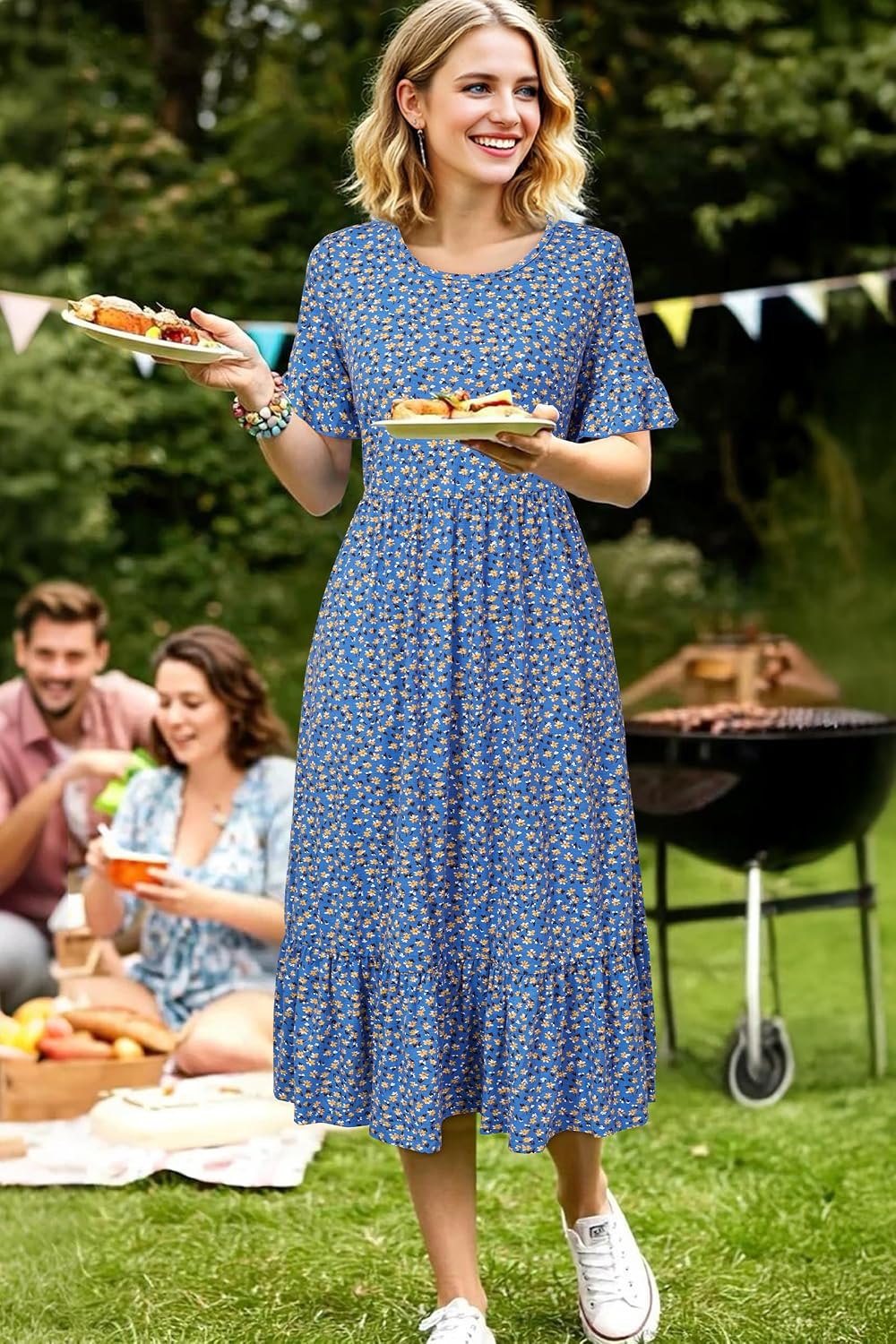 Detalle de STYLEWORD Women Floral Summer Dress with Pockets – Midi Swing Dress