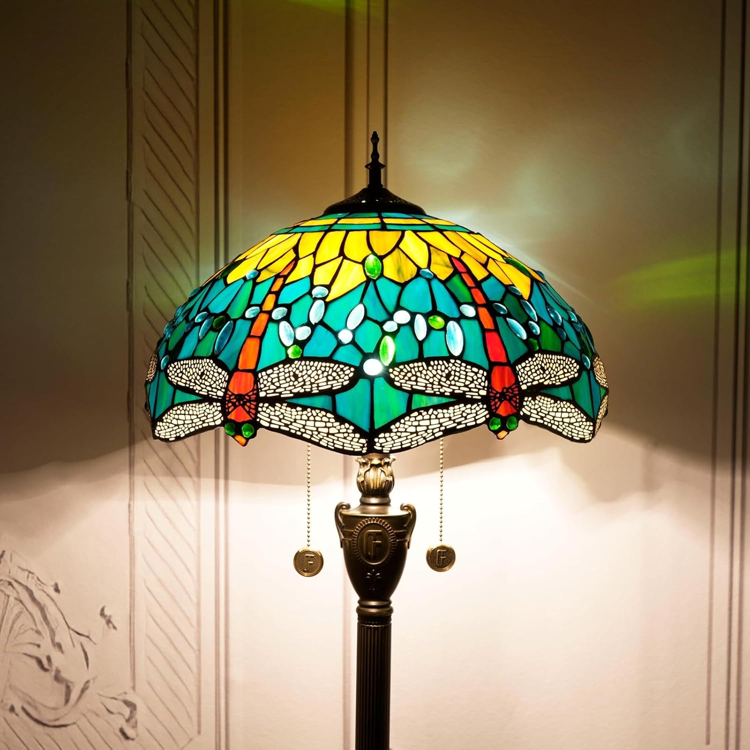 Thumbnail 2 de Blivuself Tiffany-style dragonfly floor lamp with stained glass shade and pull chain