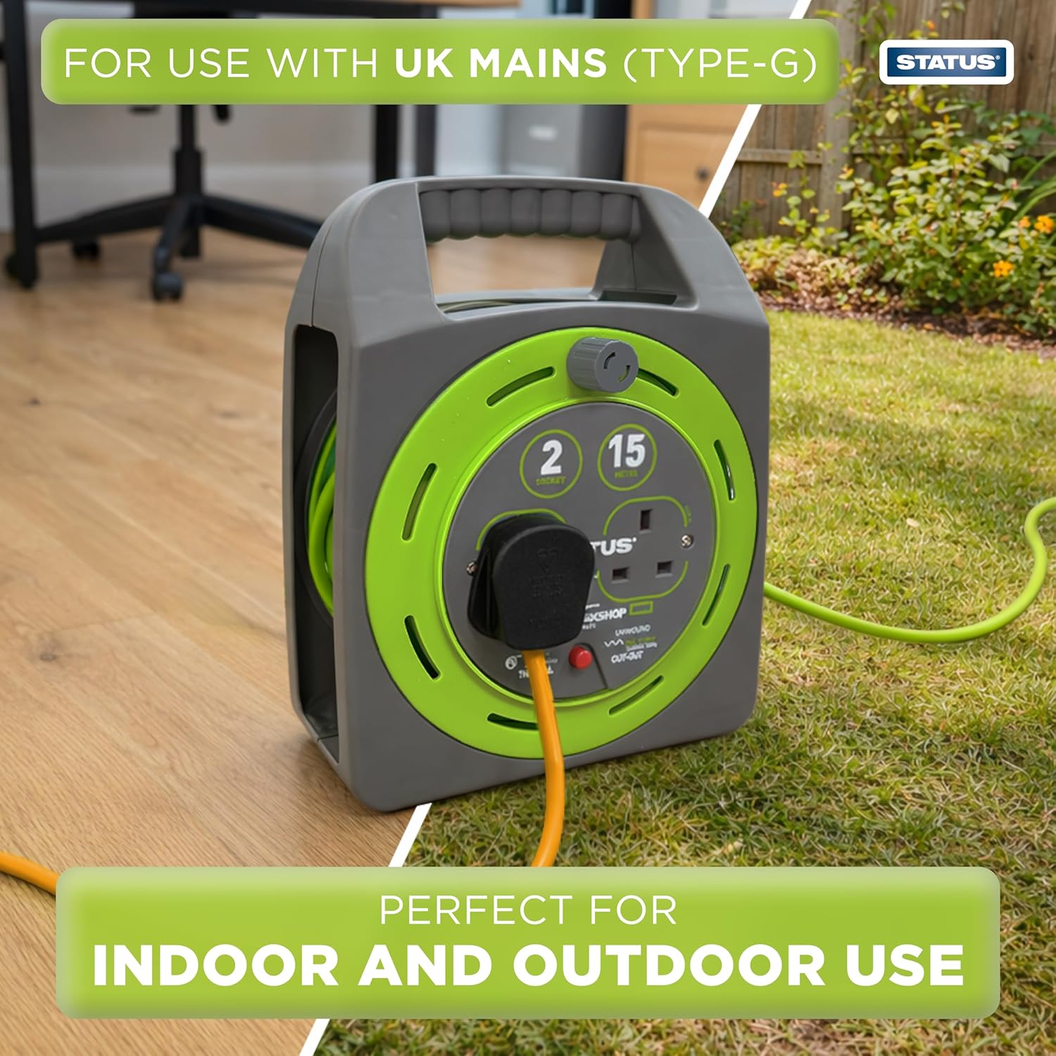 Thumbnail 2 de STATUS 2 Socket Cable Reel 15m Green Extension Lead