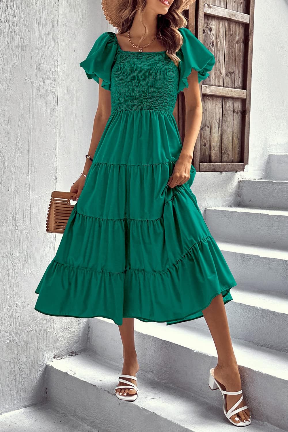 Thumbnail 4 de PRETTYGARDEN Women's Casual Summer Midi Dress with Puffy Short Sleeves, Square Neck, Smocked Tiered Ruffle