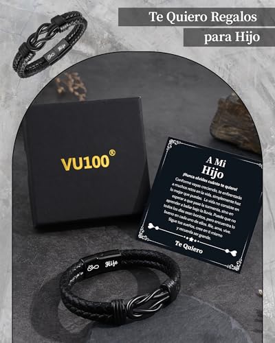 Detalle de VU100 Pulsera de cuero para hijo con palabra “Hijo” y cierre magnético