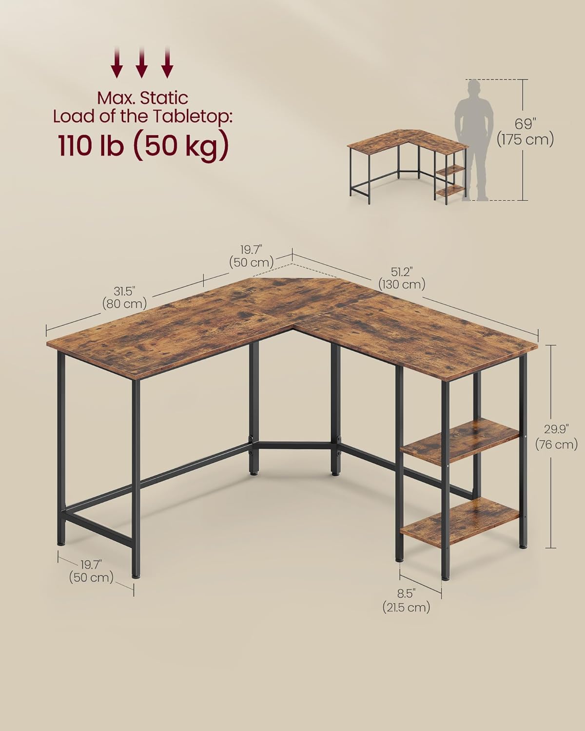 Thumbnail 2 de VASAGLE L-Shaped Corner Desk (LWD123K01V1) — 130 x 130 cm, Rustic Brown & Ink Black