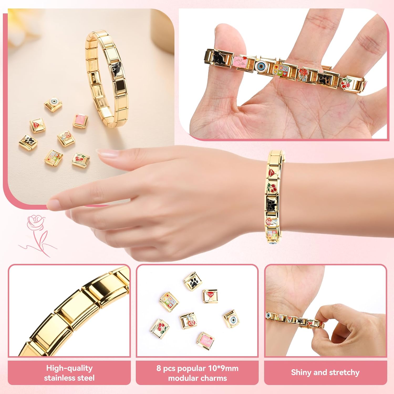 Thumbnail 2 de Set bracciale Italian Charm in oro Ouxayapl con moduli rimovibili e tool per cambiare i charm (per braccialetti da 9 mm)