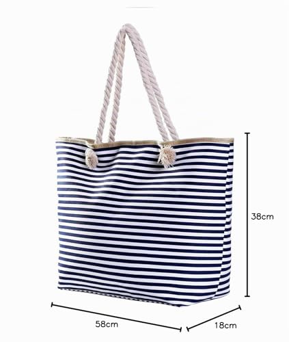 Thumbnail 6 de DonDon Borsa da spiaggia grande con cerniera 58 x 38 x 18 cm – stile marino a righe bianche e azzurro scuro