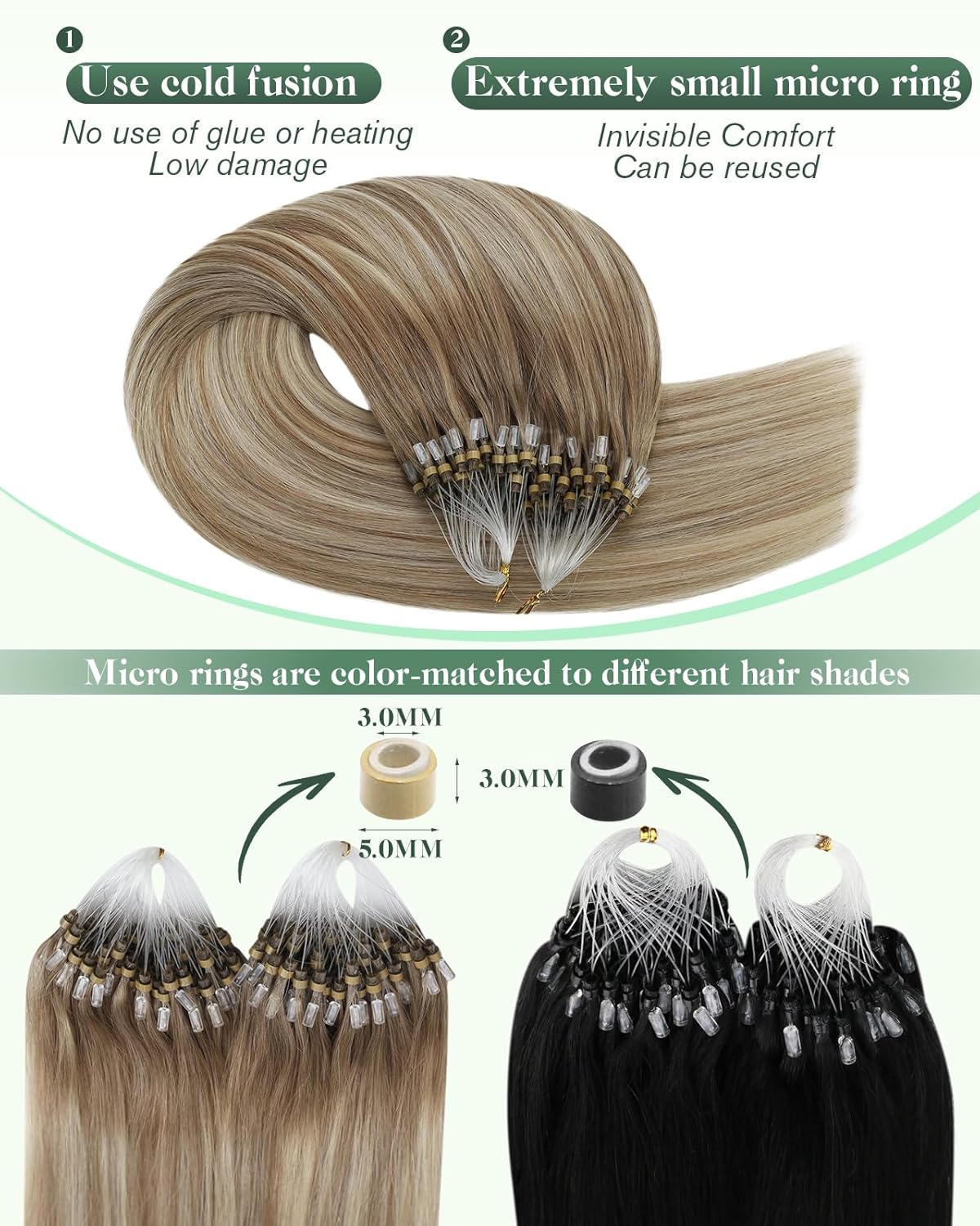 Thumbnail 2 de Ugeat Micro Link Hair Extensions (Balayage) — Light Brown Mix Platinum Blonde, Remy Human Hair