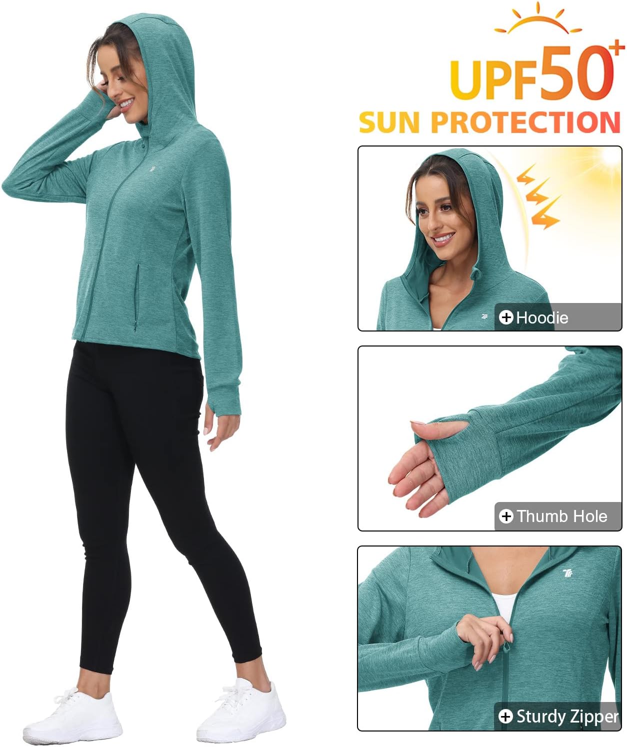 Detalle de donhobo Women’s Running Jackets with Thumb Hole – breathable, UPF 50+ zip-up hoodie with side pockets