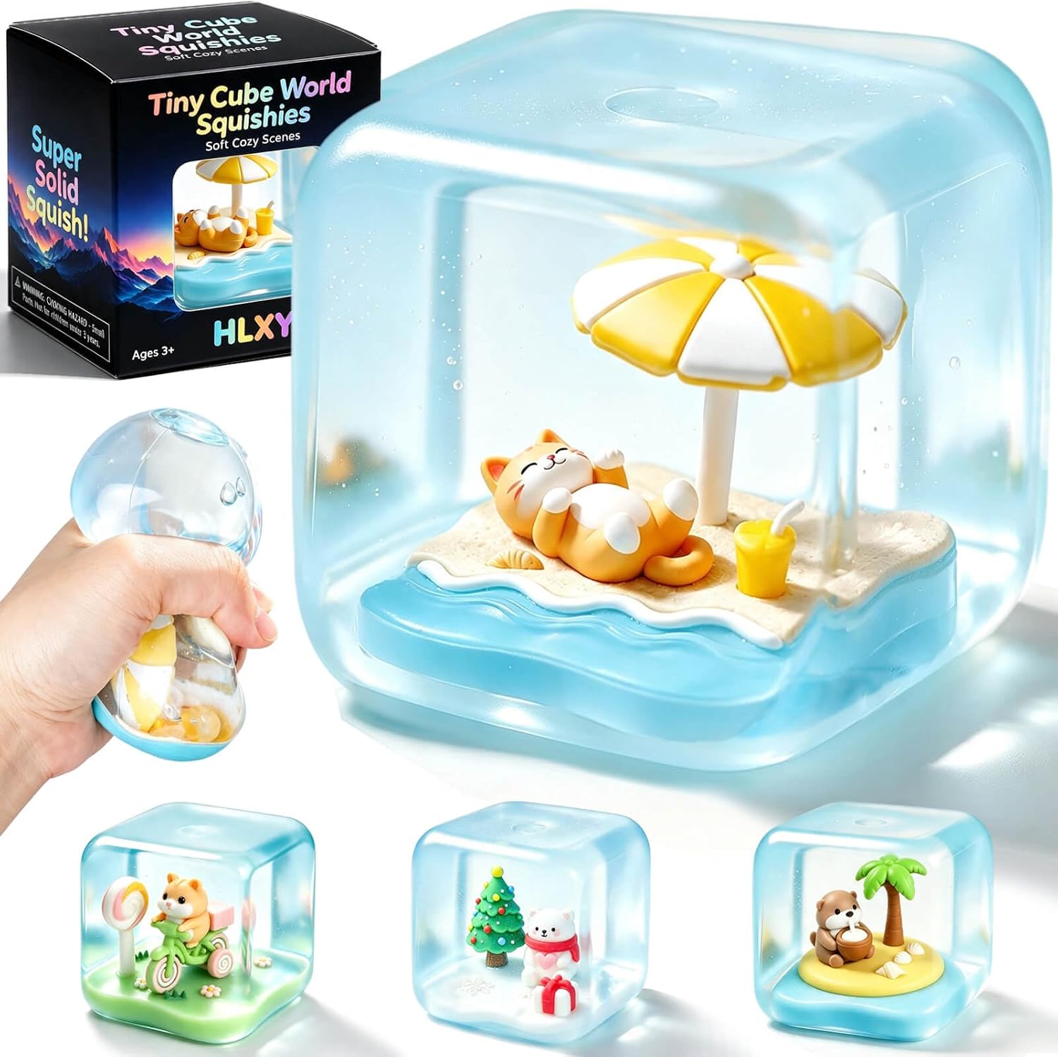 Detalle de HLXY Relaxed Cat Slow-Rising Sensory Stress Cube, Beach Scene