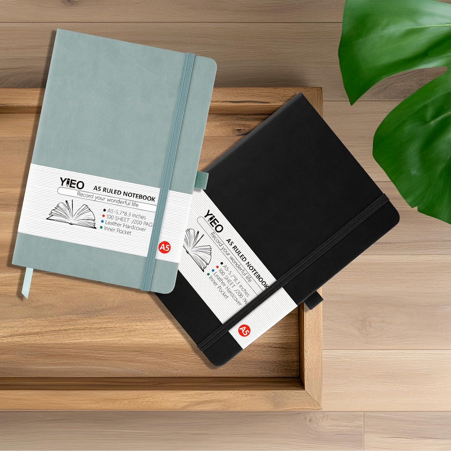Thumbnail 6 de YIEO A5 Hardback Journal Notebook 2 Pack with 398 lined pages, bookmark, pen loop & expandable pocket (Black + Grayblue)