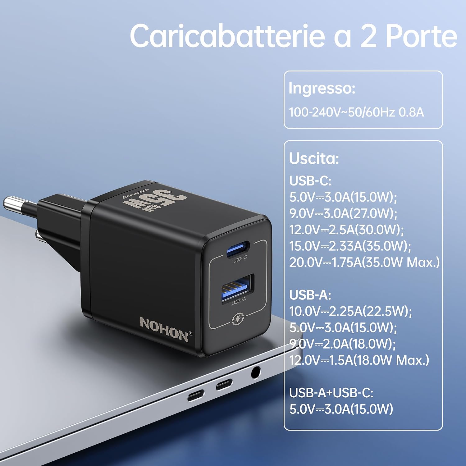 Detalle 2 de NOHON Caricatore USB-C 35W GaN con doppia porta (USB-C + USB-A) e cavo 1 m, PD 3.0