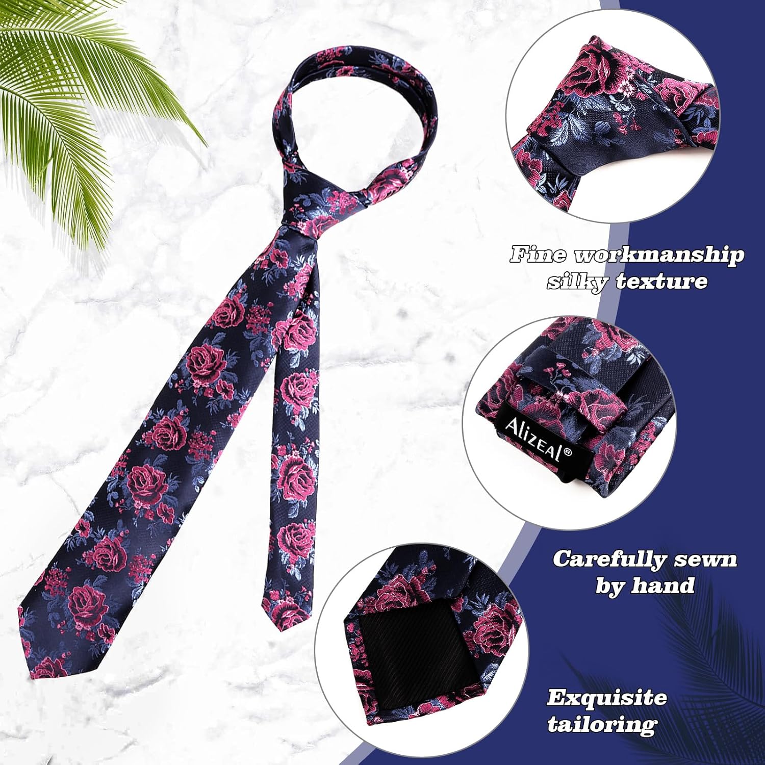 Thumbnail 4 de Alizeal men’s floral pattern tie with matching pocket square set (8cm tie, 25cm square)