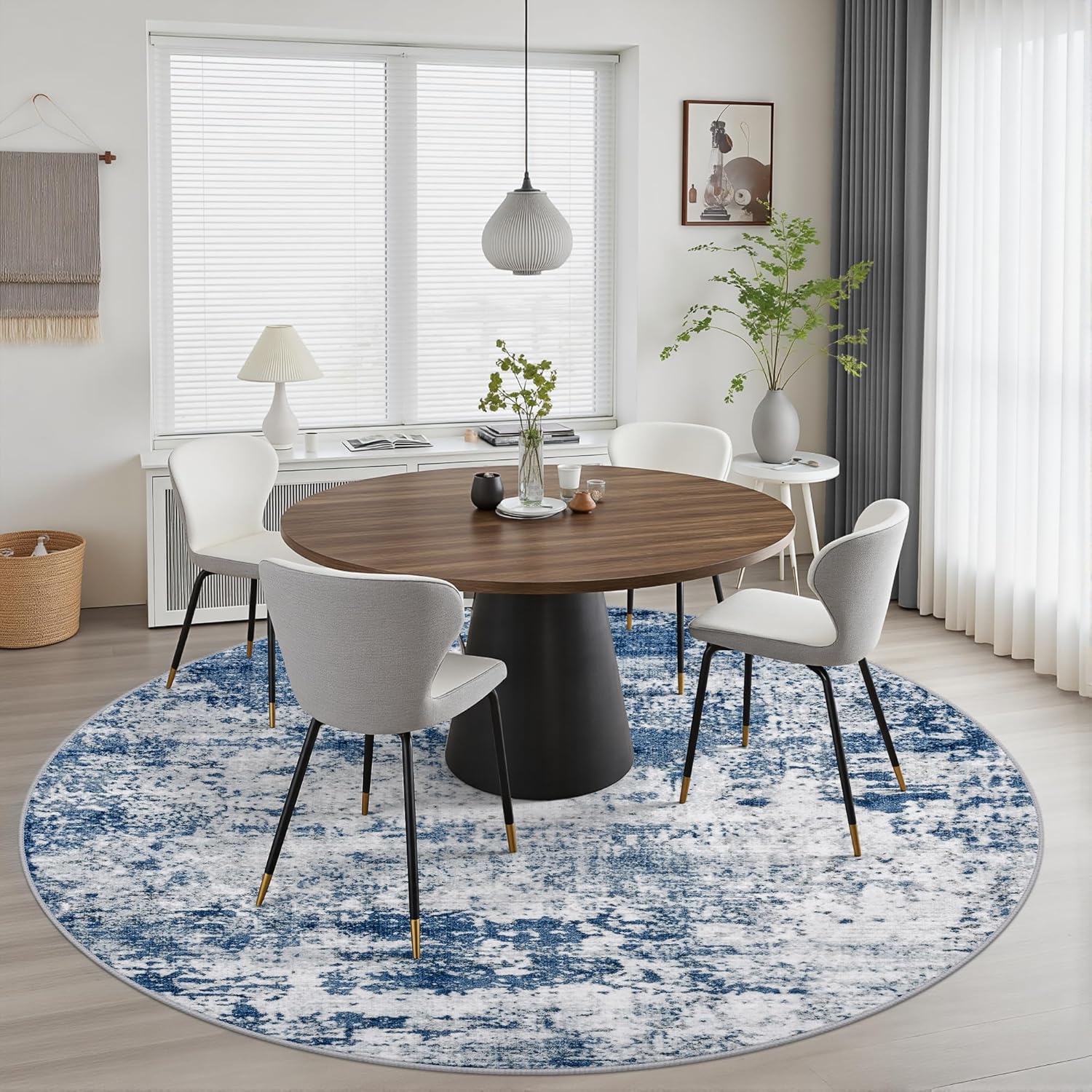 Thumbnail 2 de Round 8-Ft Washable Abstract Area Rug – Blue for Living Room