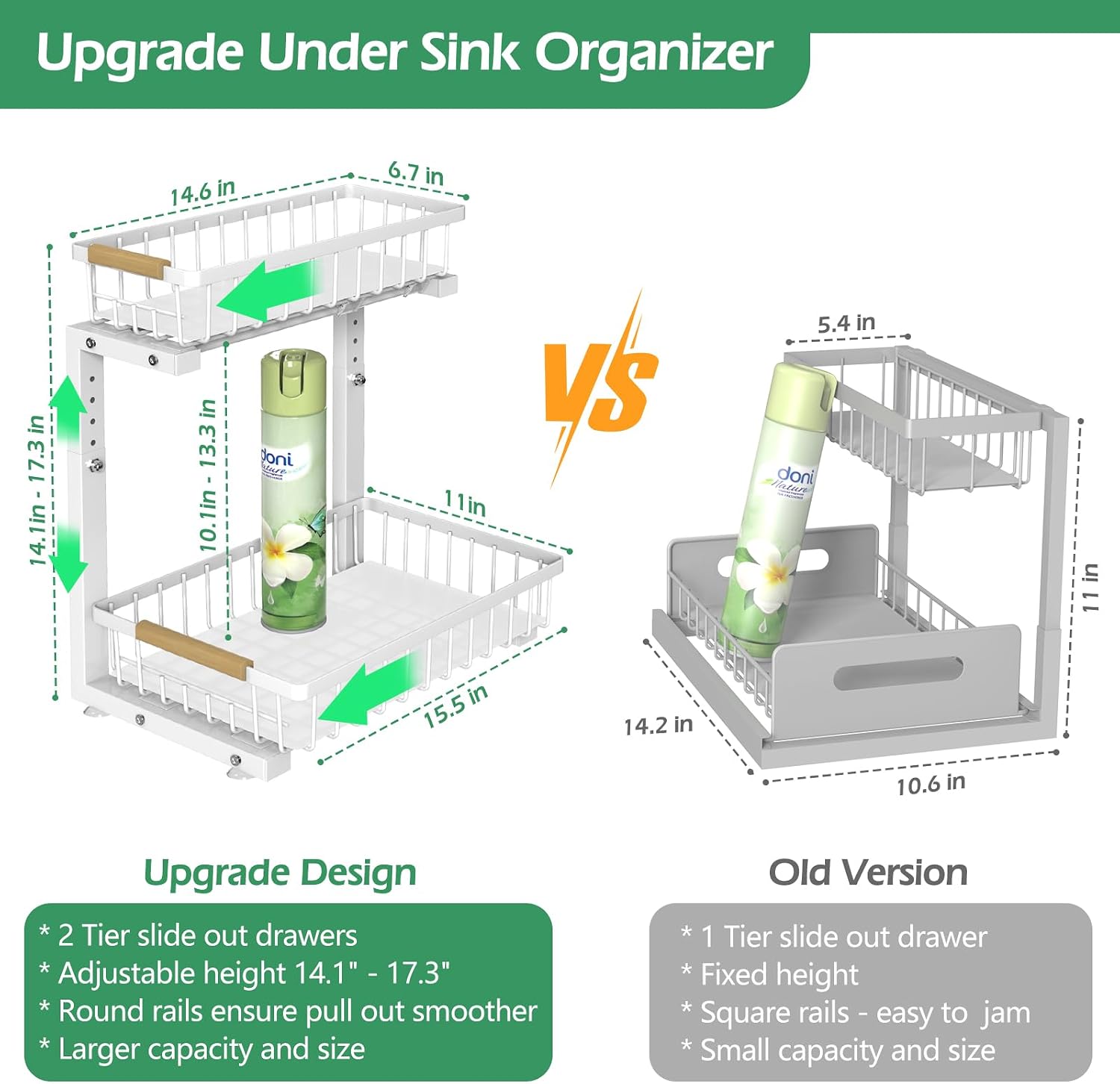 Detalle 2 de ADRIMER AR0106A2-FCA Under-Sink Organizer 2-Pack, Adjustable Pull-Out Shelves