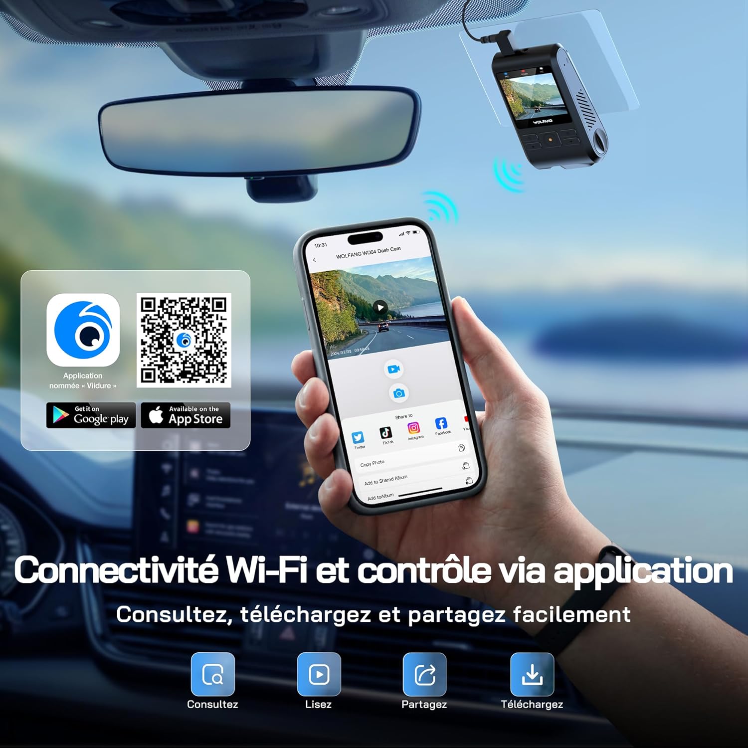 Thumbnail 3 de WOLFANG Dashcam Voiture 2,5K Wi‑Fi avec carte microSD 32G, capteur G et mode stationnement 24 h