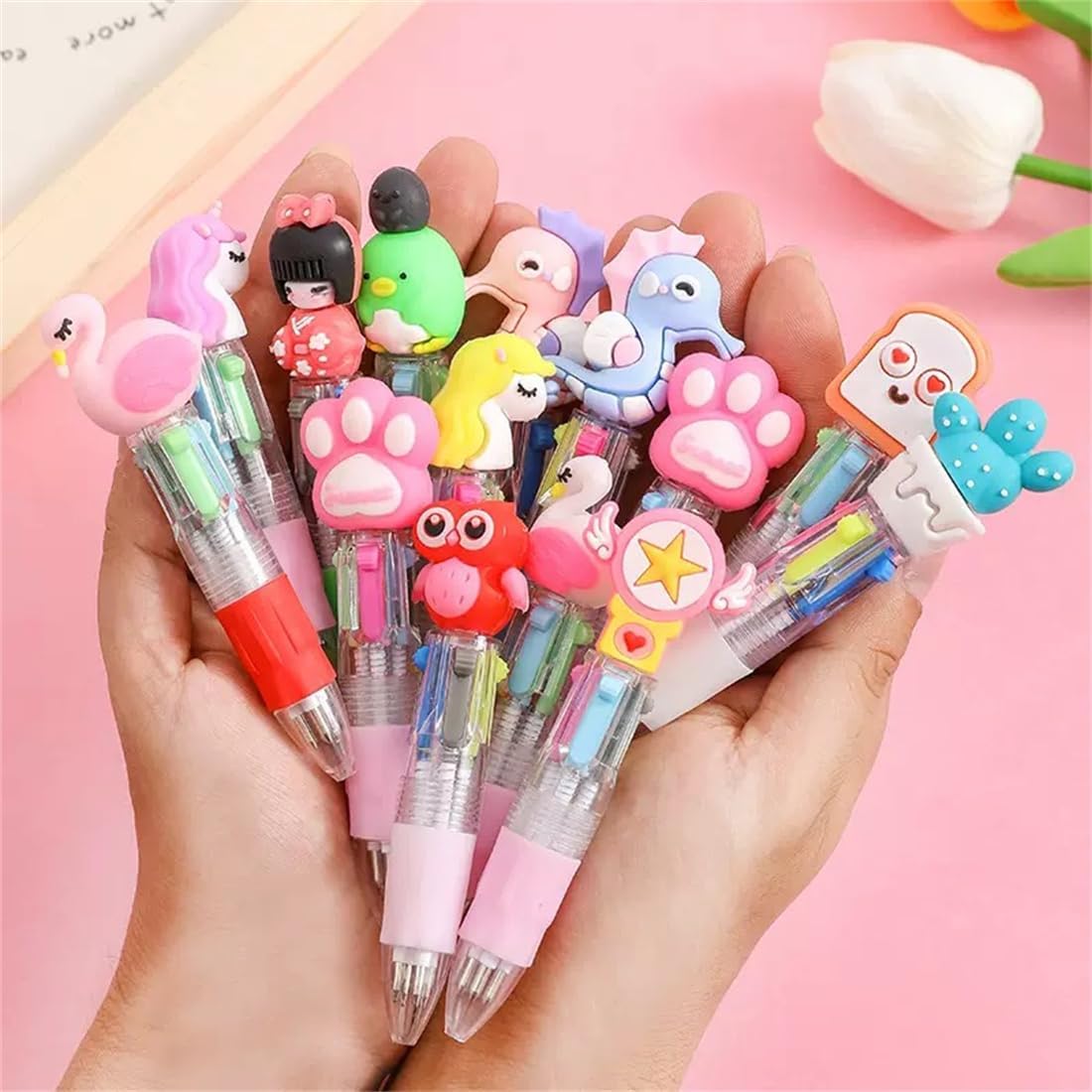 Detalle 2 de Arthink 50-Pack of Mini Multicolour Pens (4-in-1) – Kawaii Animal Button Ballpoint Set for Kids