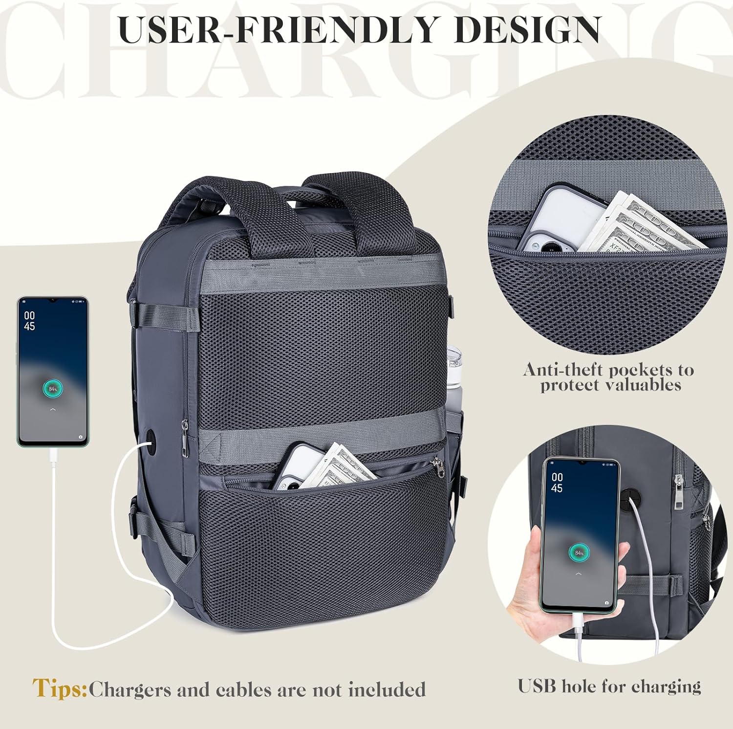 Detalle de Hayayu for Easyjet Cabin Bag 45x36x20: Underseat, Water-Resistant Travel Backpack with Charging Port