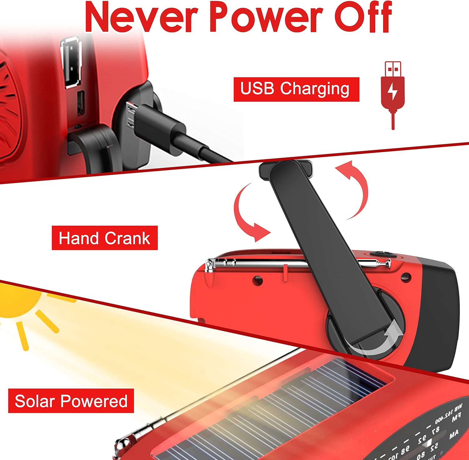 Detalle de RunningSnail Emergency Hand Crank Radio with LED Flashlight, AM/FM NOAA Weather Radio & 2000mAh Power Bank