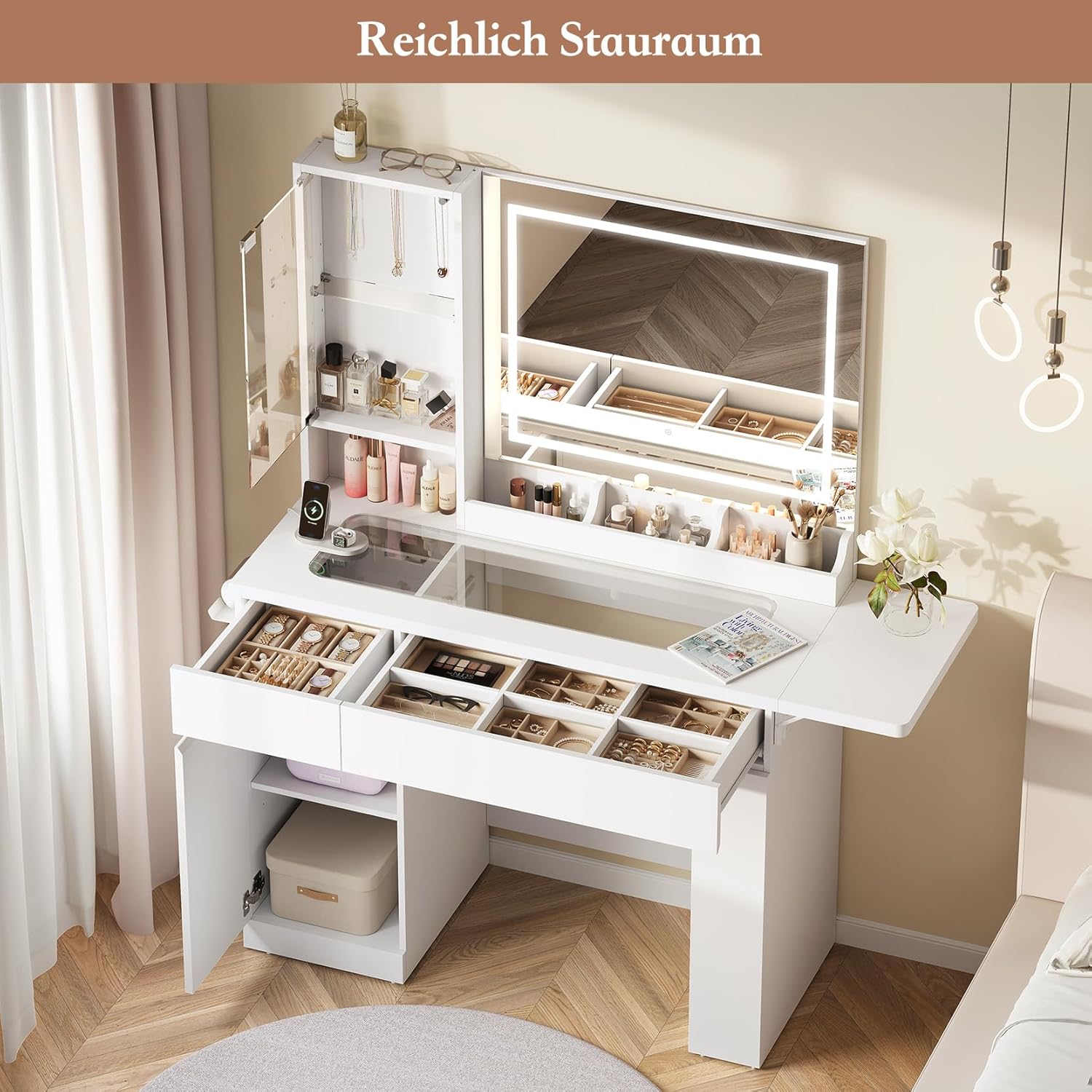 Thumbnail 1 de Dripex coiffeuse 115 cm blanche avec miroir éclairé et prises intégrées, plateau en verre