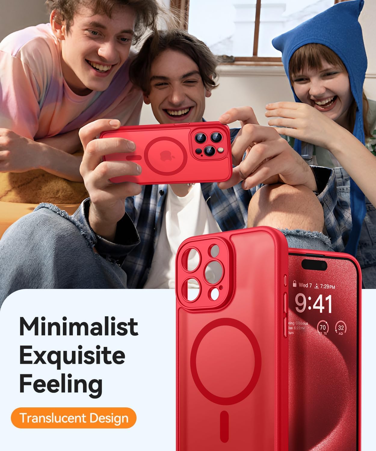 Thumbnail 6 de CANSHN Magnetic case for iPhone 15 Pro Max with MagSafe & full camera protection (matte translucent, red)