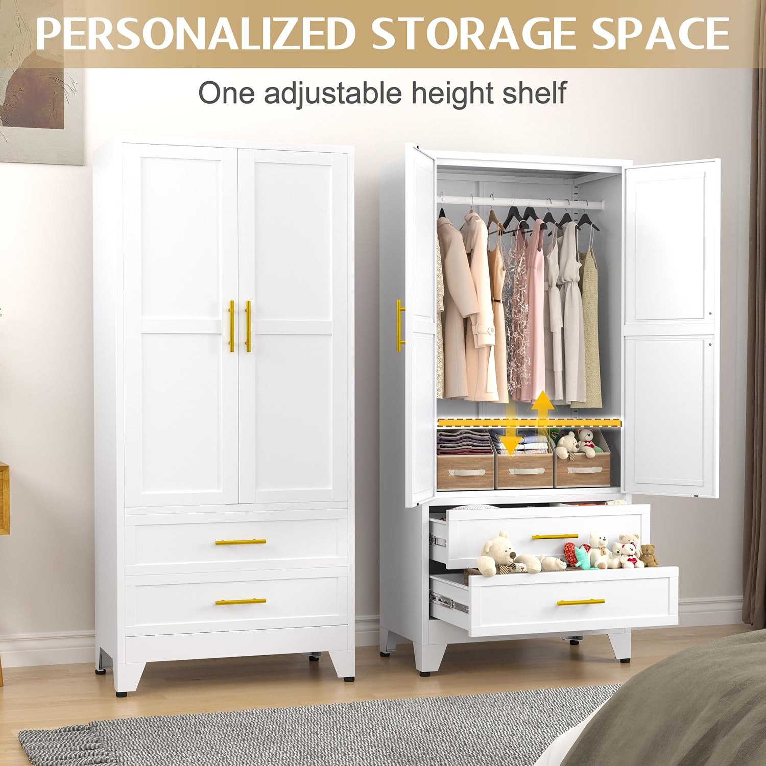 Detalle de GAIOUS Tall 2Drawer W Metal Wardrobe Cabinet with Hanging Rod, White