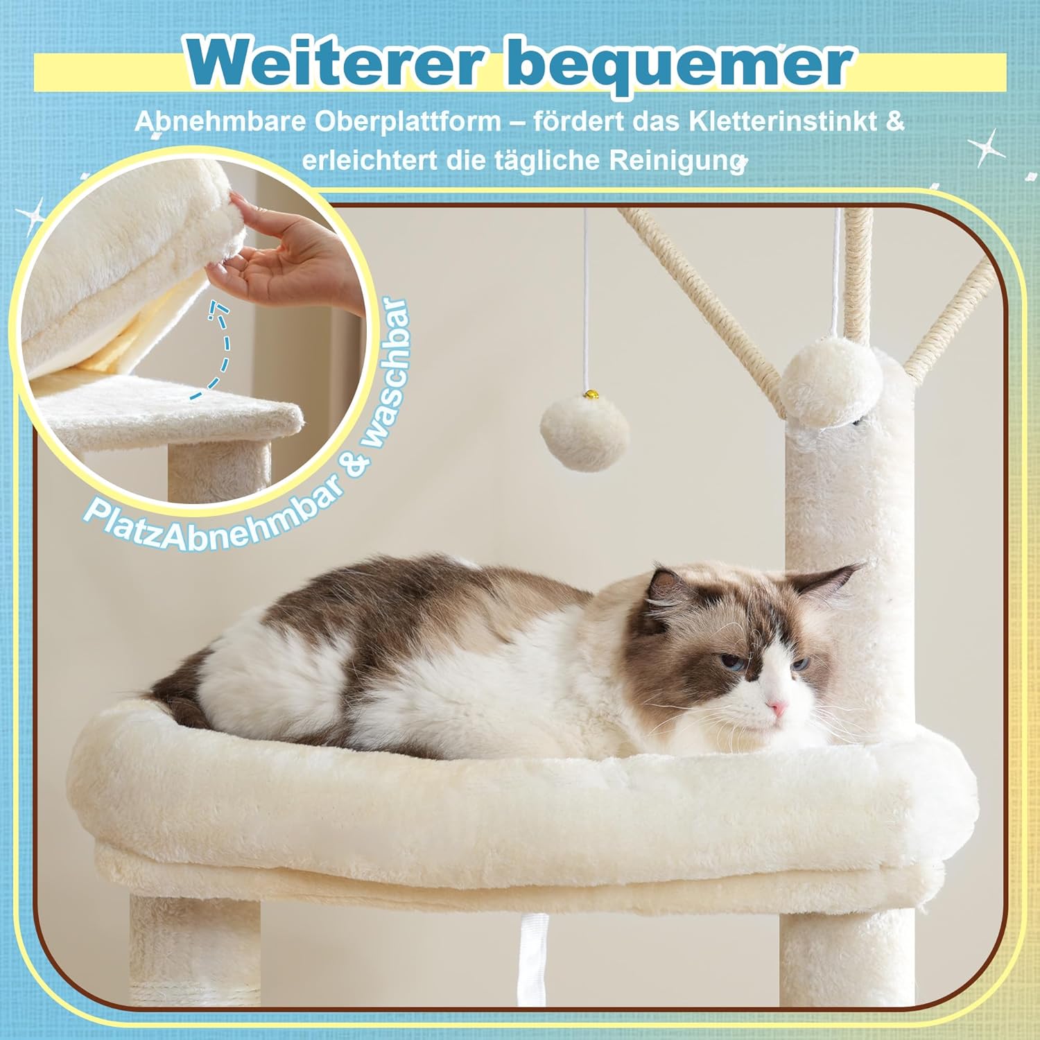 Thumbnail 5 de Hey-brother Kratzbaum stufig für Großkatzen mit 3 Katzenbetten, großer Hängematte und Sisalkratzbrett (160 cm, beige)
