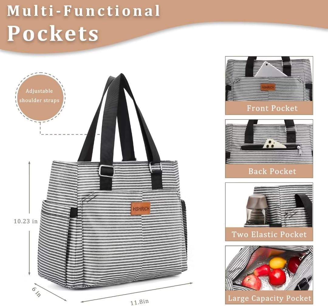 Thumbnail 1 de HSHRICH Large Insulated Women’s Lunch Bag (12L) – Leakproof Cooler Tote with Storage Pocket, Stripe
