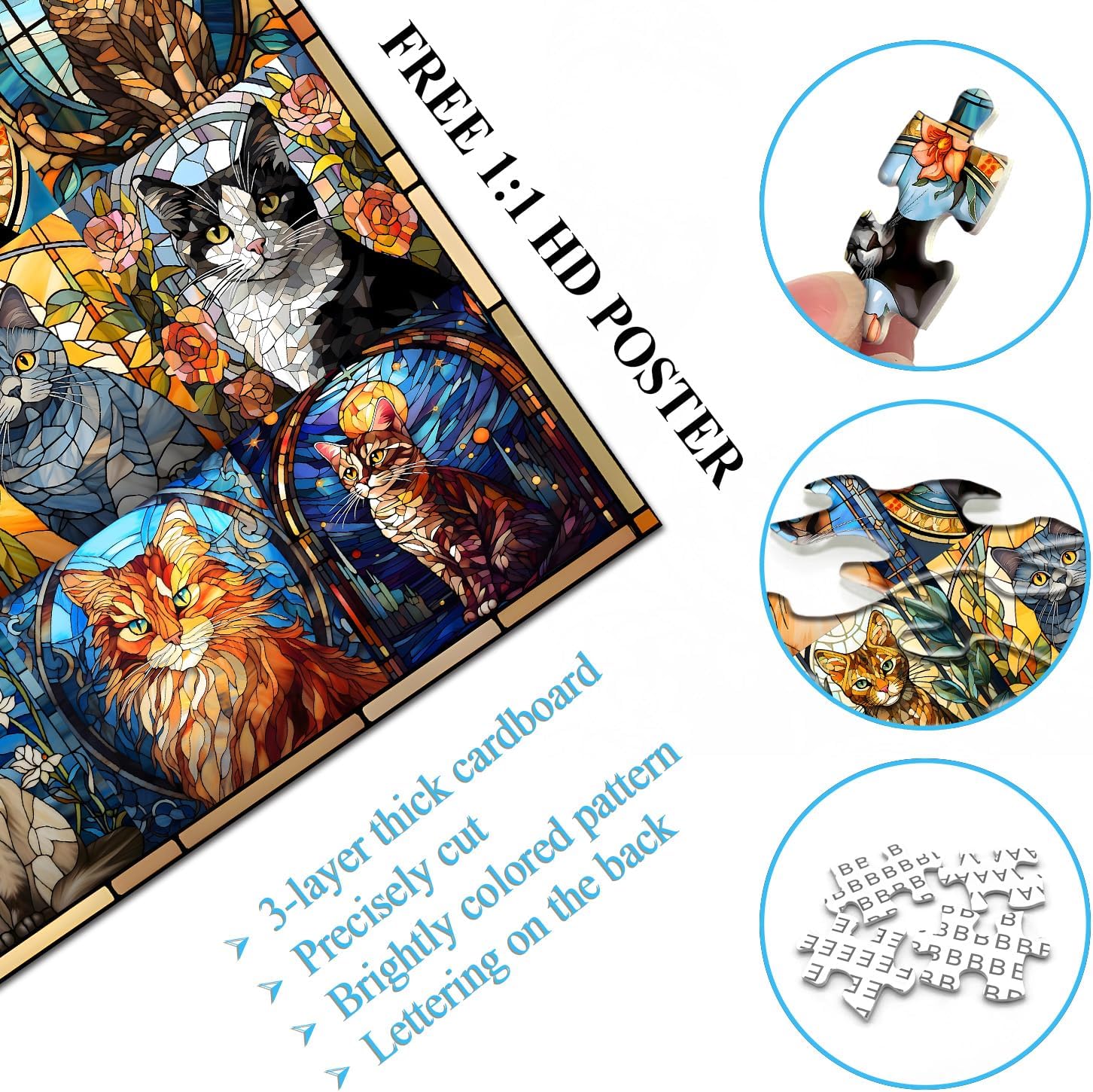 Thumbnail 2 de Stained Glass Puzzle Cat Puzzles for Adults – 1000 pièces, vitrail coloré avec 16 chats