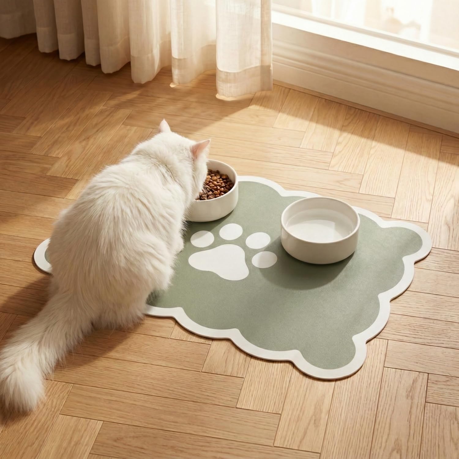 Detalle de Absorbent Pet Food Mat with Scalloped Edge – 30 x 50cm, Sage Green