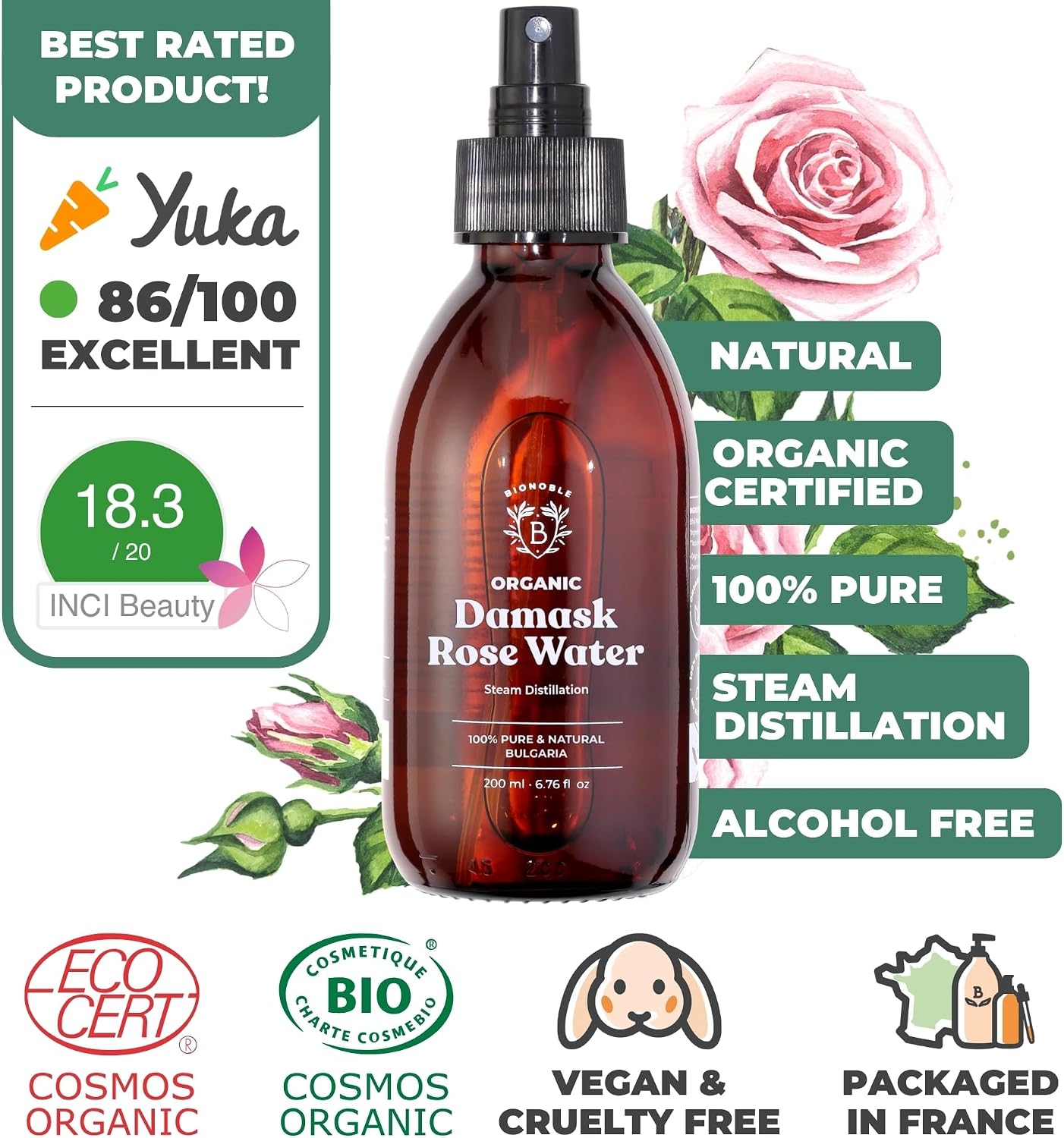 Detalle 2 de BIONOBLE Organic Rose Water Spray — 200ml, Alcohol-Free Hydrolat for Face, Hair & Body