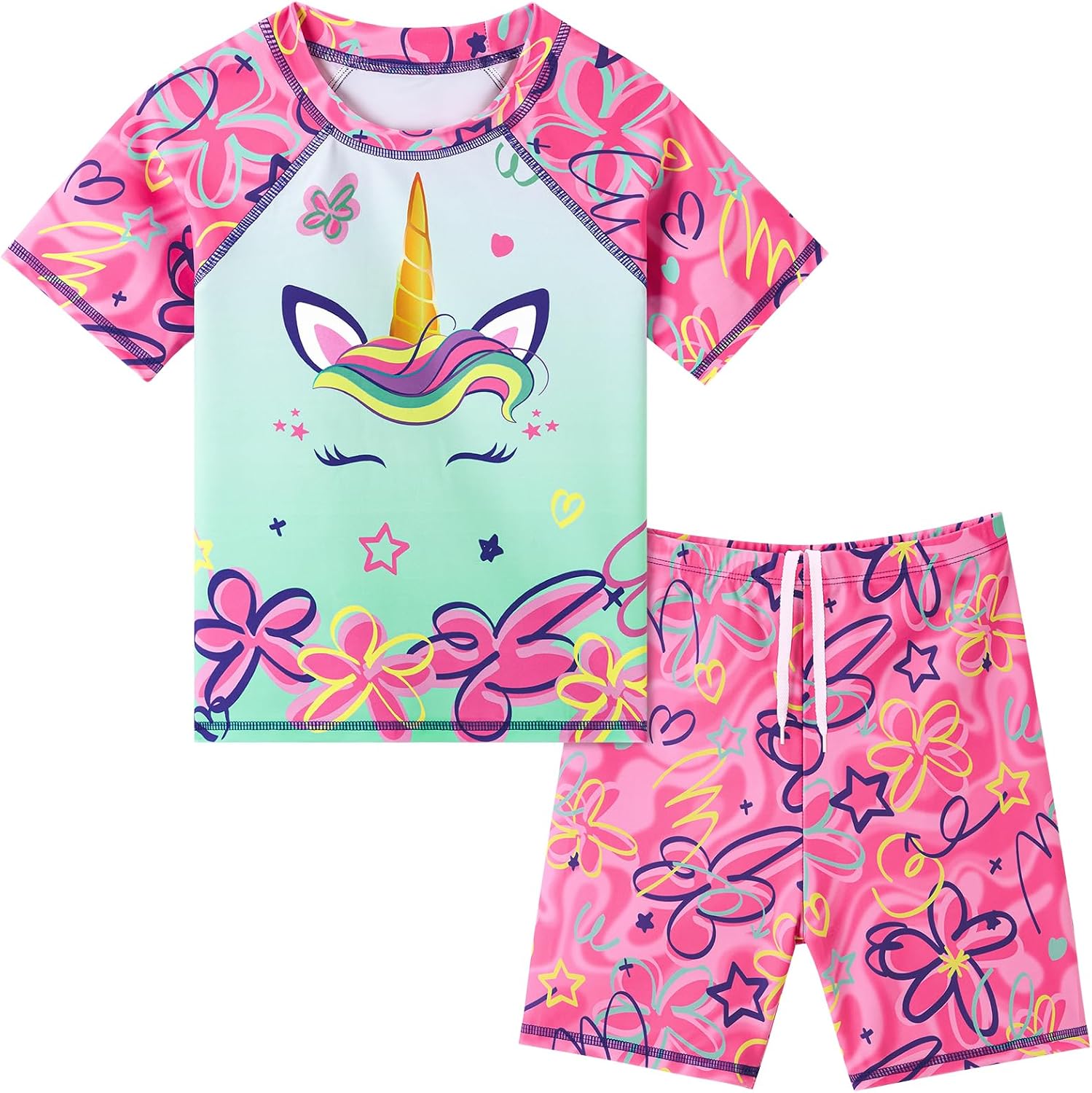 Detalle de Girls Two-Piece Short Sleeve Swimsuit with UPF 50+ Rash Guard Set in Rose Red