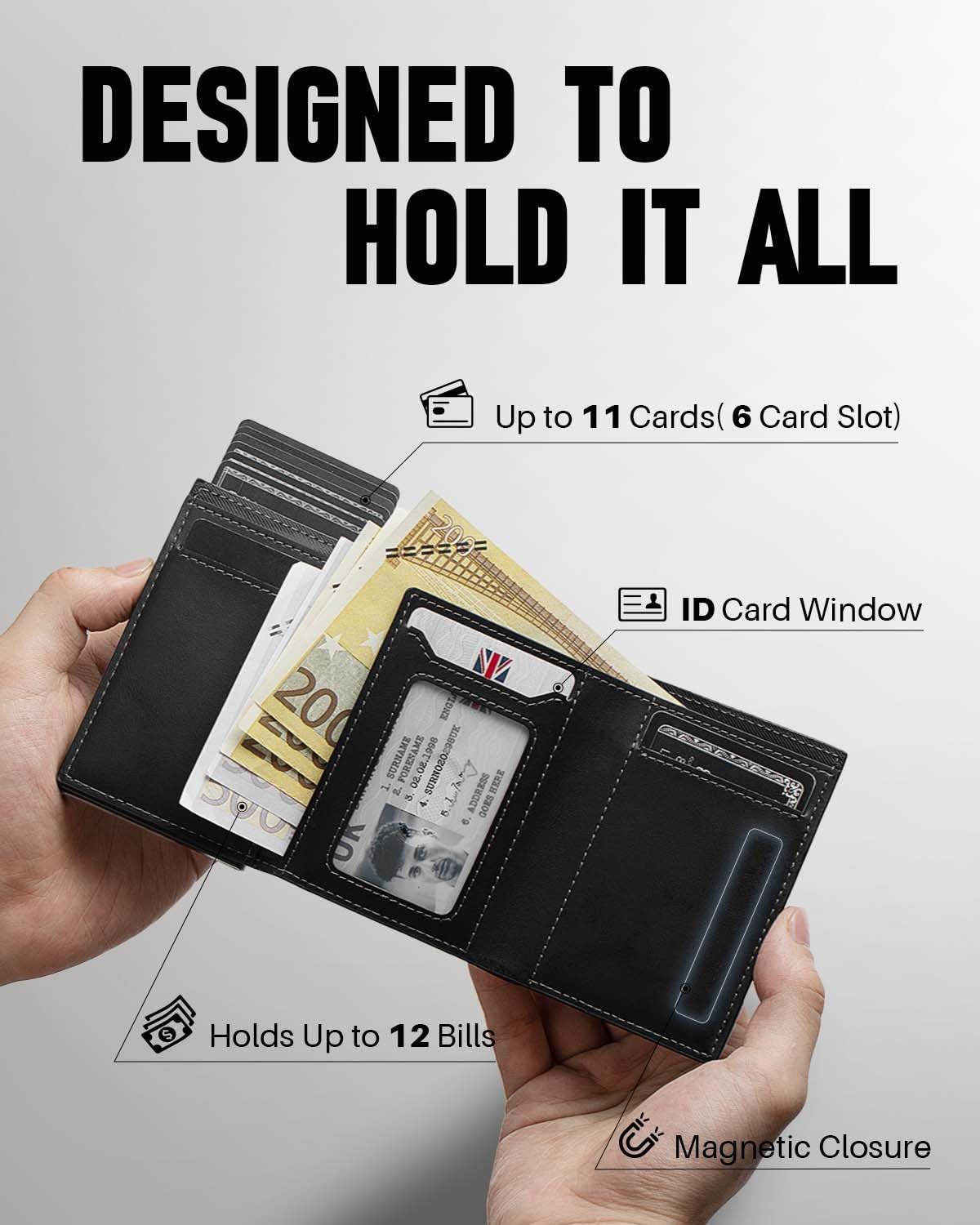 Detalle de MYSHION pop up wallet for men with coin pocket, trifold + ID window (RFID blocking), black