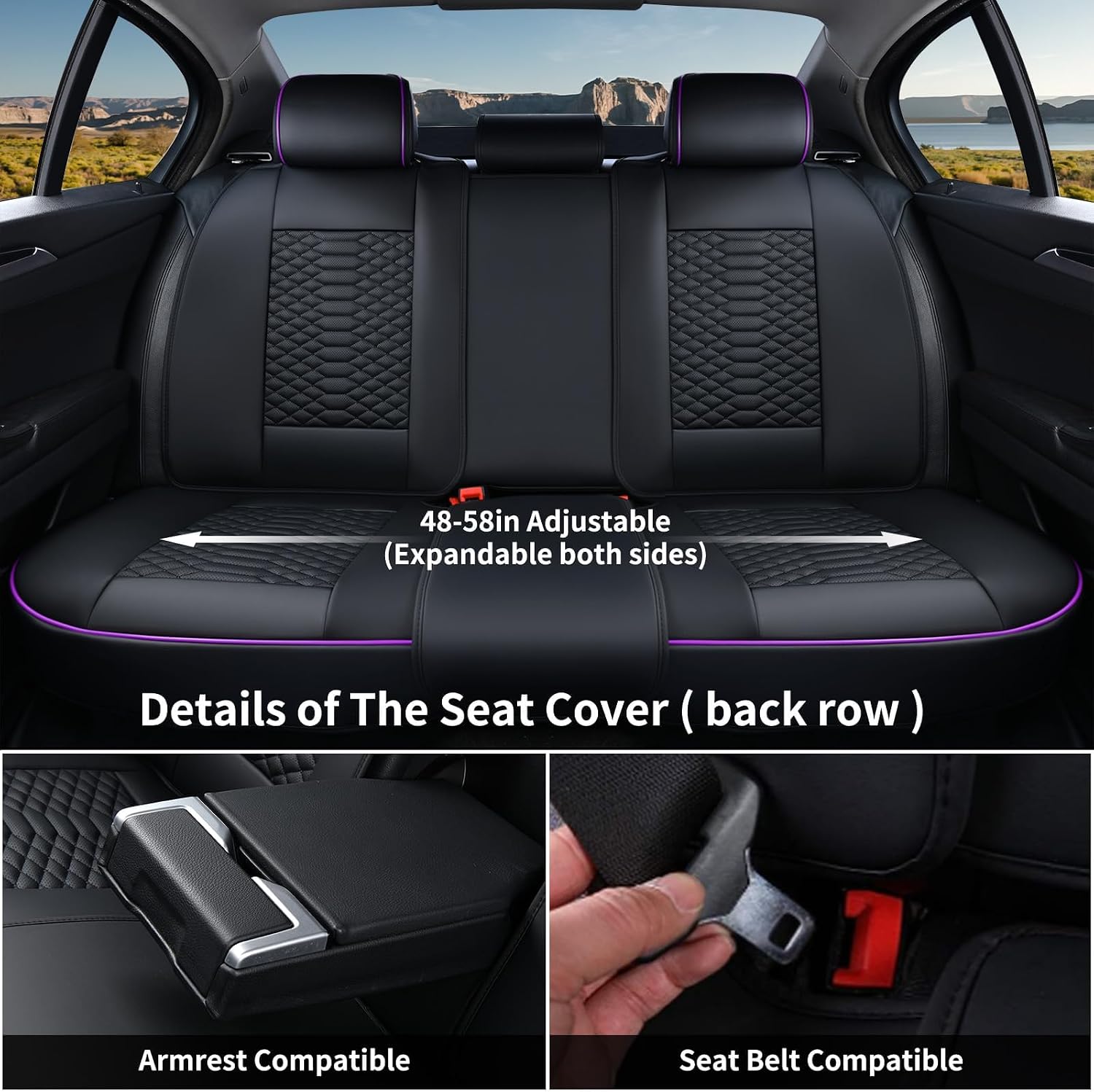Detalle 2 de Coverado Leather Car Seat Covers Full Set for 5 Seats in Black & Purple