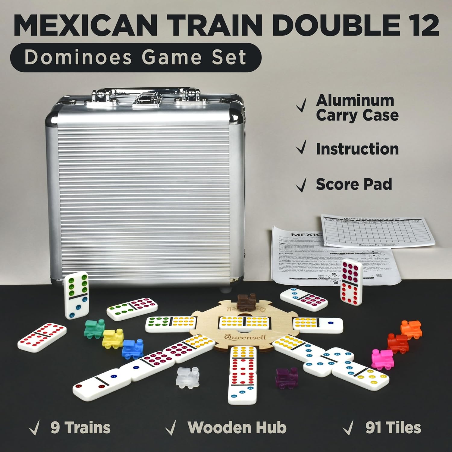Detalle de Queensell Mexican Train Dominoes Set (Double 12) with Wooden Hub and Carry Case